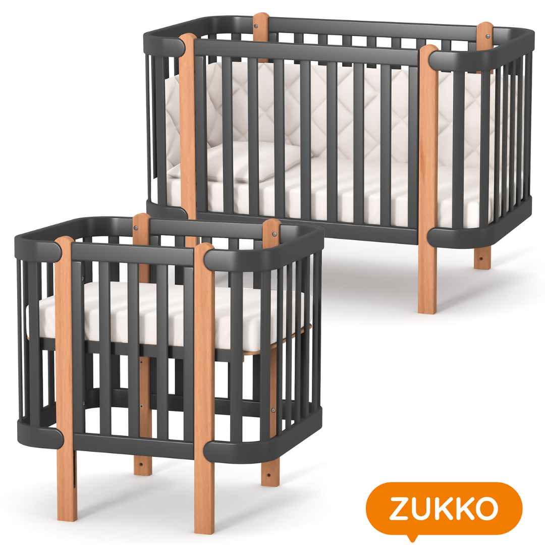 Dětská rostoucí postýlka Zukko Gekko Kids. Kolébka a postýlka 2v1. Tmavě šedá / Přírodní buk